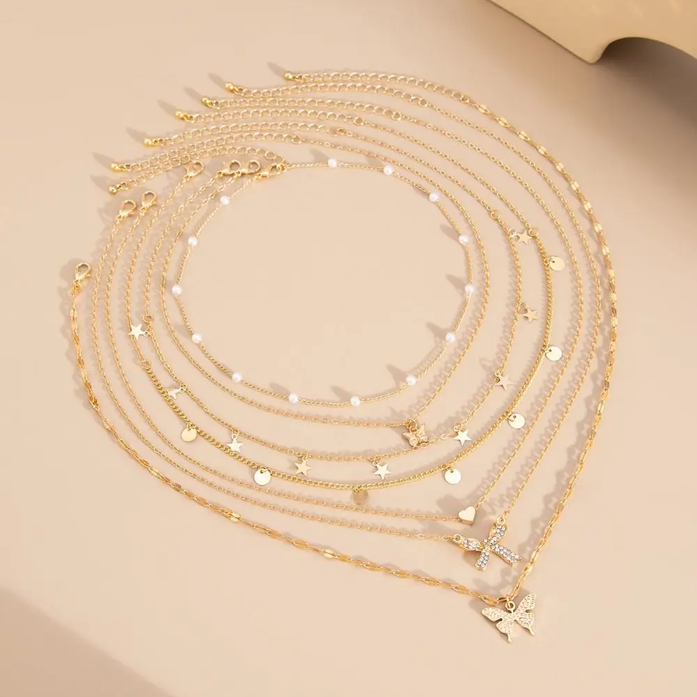 Butterfly Pendant Multilayer Necklace Pearl Bohemian Style Clavicle Chain Temperament Trendy Metal Choker Party