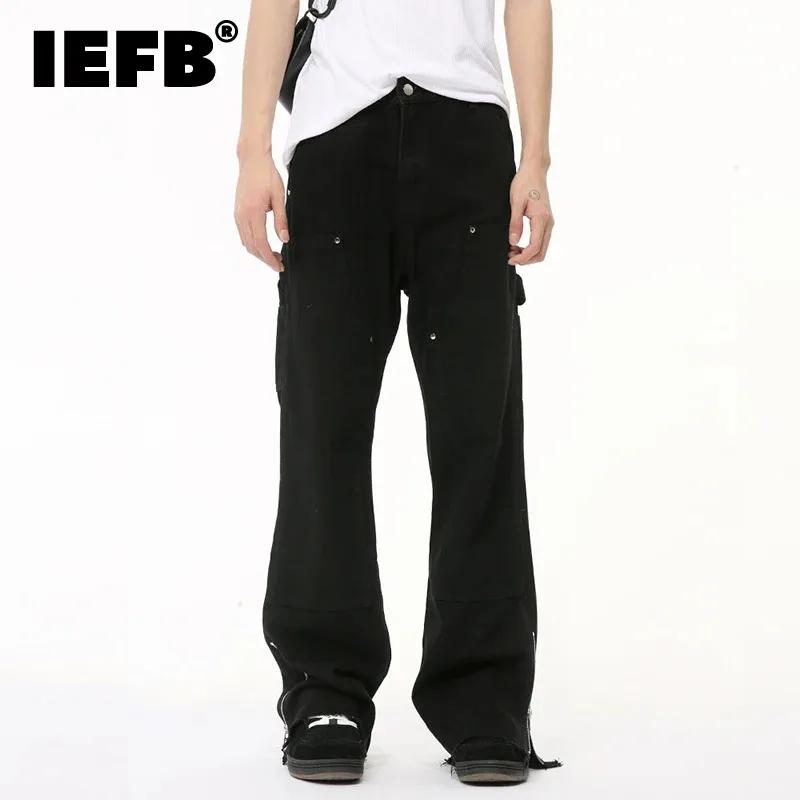 

IEFB High Street Men's Jeans Side Zippers Metal Design Pockets Denim Pants Casual Wide Leg Loose Male Bottom New Fashion 9C6503