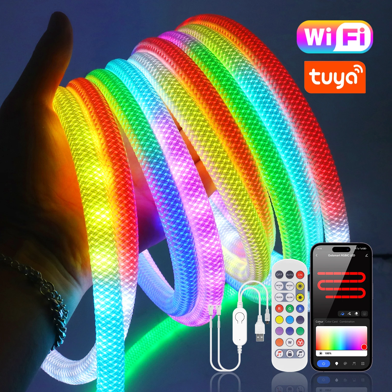 USB Tuya WIFI Neon LED Strip 360 Degree WS2812B Smart RGBIC Flexible Silicon Light IP67 5V WS2811 Round Reticulate Pattern Tape