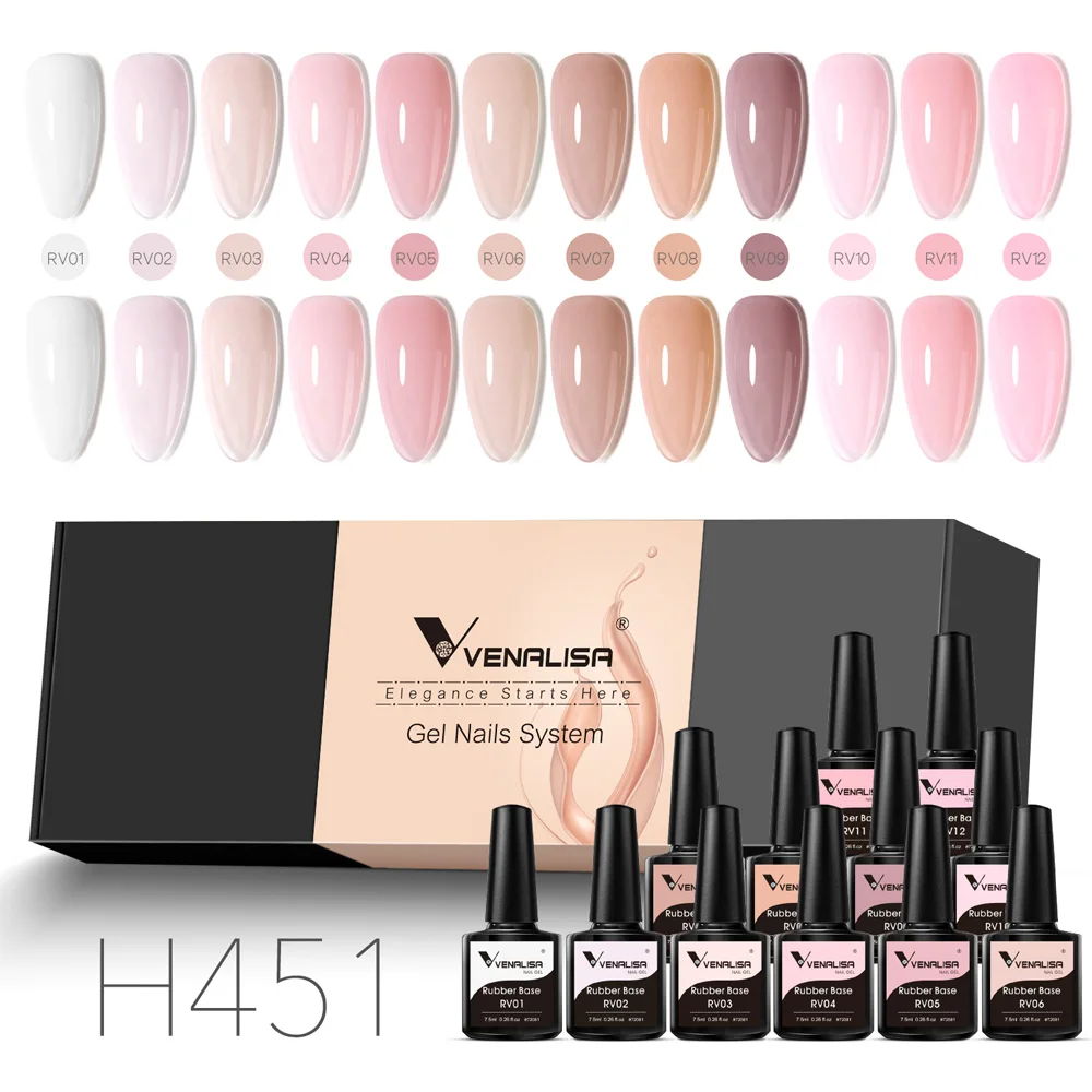 12pcs/kit Venalisa Rubber Base Color Gel Nail Polish Builder UV Construction Semi Permanent Jelly Pink Gel Pigment Nail Manicure