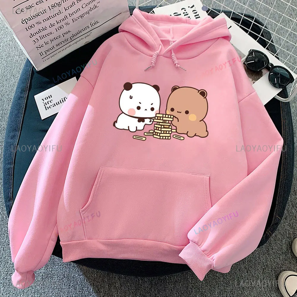 Panda and Brownie Bear Couple Bike Riding Hoodie Bubu Dudu Game Play Print Pullovers Kawaii Cute Man Women Winter Swaetshirt