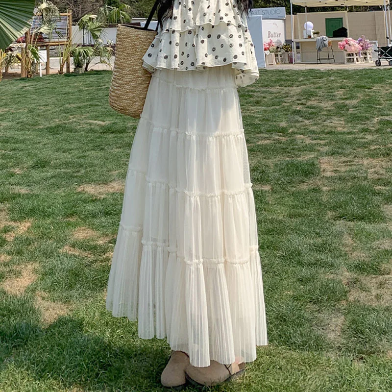 Korean Sweet Big Swing Gauze Skirt Women High Waisted Drooping Spliced Long Skirts Ladies Summer New A-Line Pleated Cake Skirt