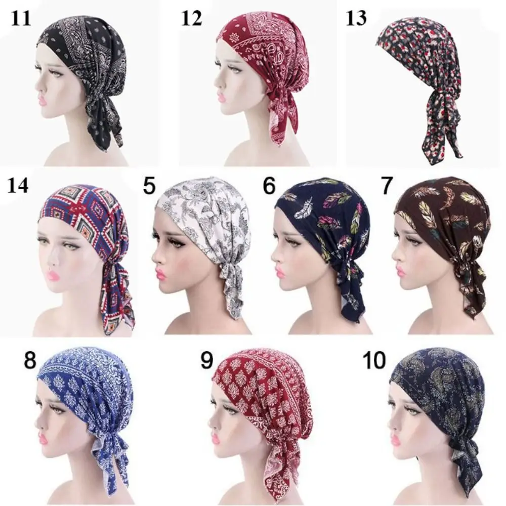 Spring Floral Print Turban Women National Wind Cotton Hat Bandana Chemotherapy Hat Sleep Caps Beanies Headwrap Fashion Casual