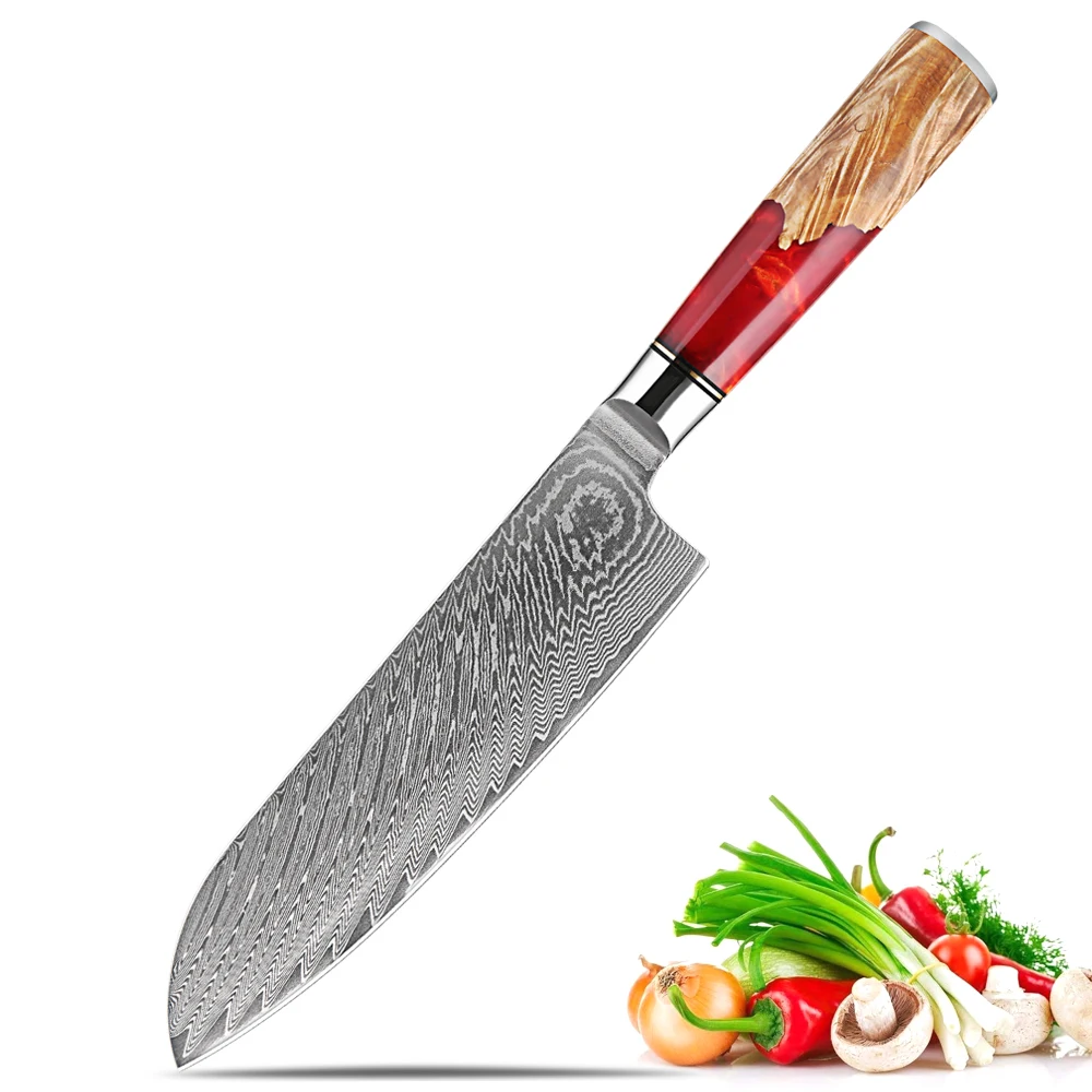 XITUO Japanese Kitchen Santoku Knife 7 Inch Damascus Steel Sharp, Professional Slicing Knife Vegetable Meat, Red Resin Handle