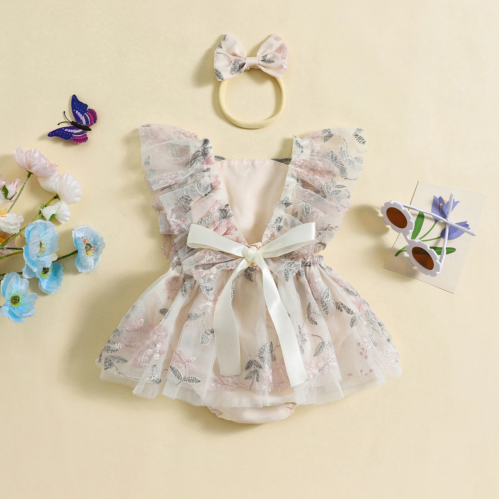 

Toddler Baby Girls Summer Casual Kids Romper Dress Flying Sleeve Floral Embroidery Jumpsuit with Headband Children's Clothing