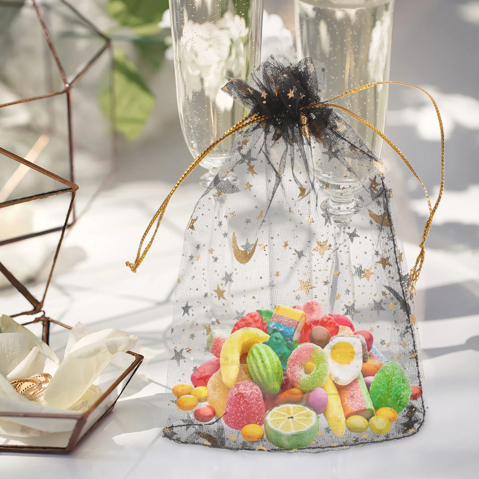 

100Pcs Gilding Stars Moon Organza Bags Drawstring Pouches for Jewelry Gifts Wedding Party Favors Black Organza Bags
