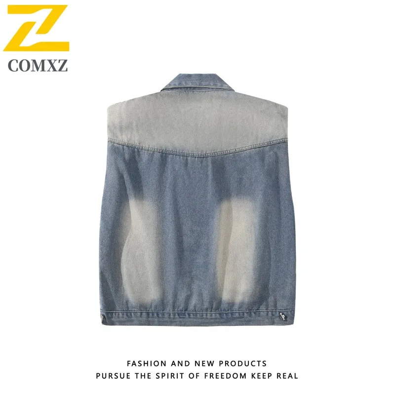 COMXZ American Style Denim Vest  All seasons  Water-Resistant Windproof Streetwear Outdoor Camping Fishing washable Work Jacket
