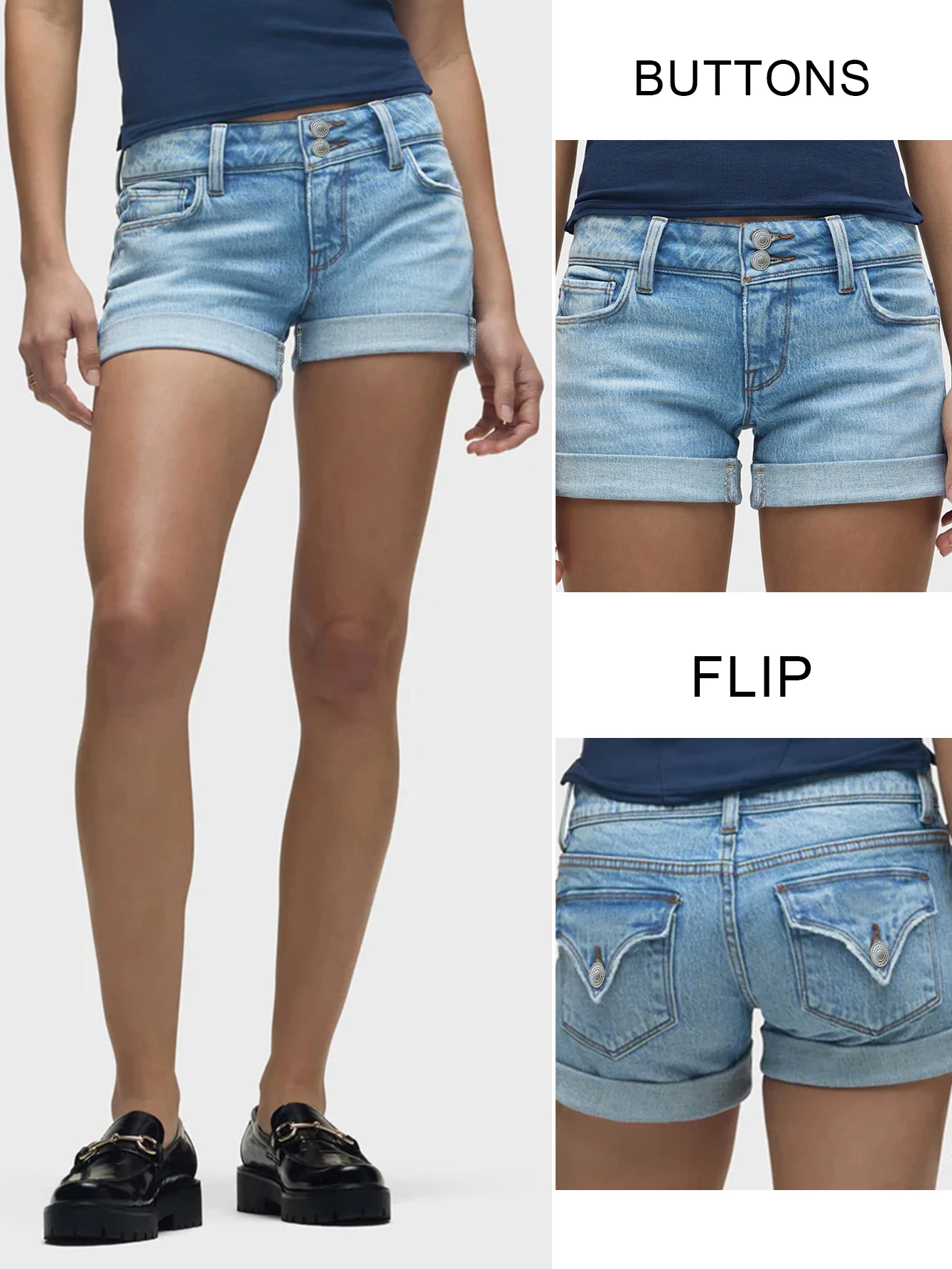 

Women Fashion Blue Denim Shorts Slim Fit Stretch Jeans Double Breasted Button Placket Flap Back Pockets Jeans for Women