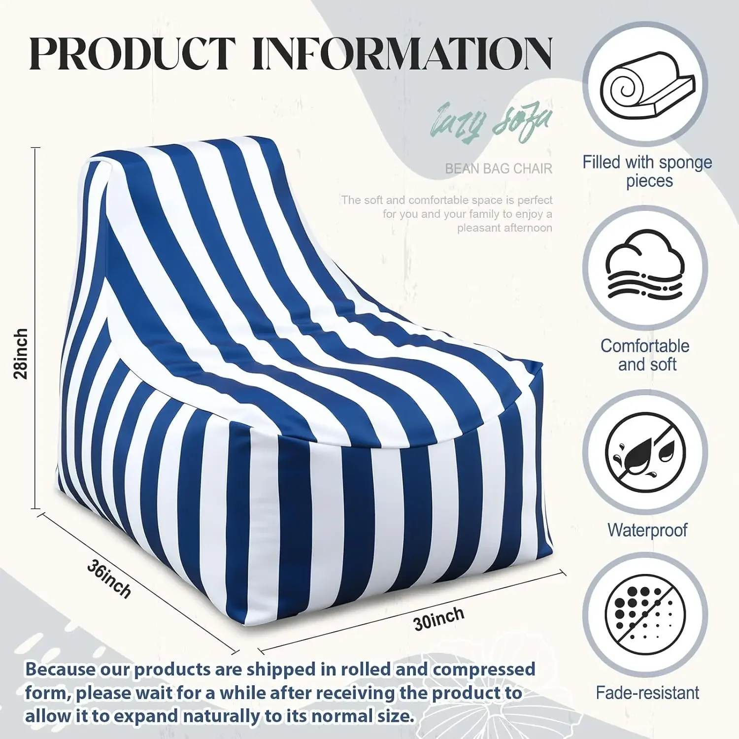1 Pcs Blue Outdoor Bean Bag Chair for Adults, Waterproof Patio Bean Bag Lounger with Washable Removable Cover, Striped Floor Cha