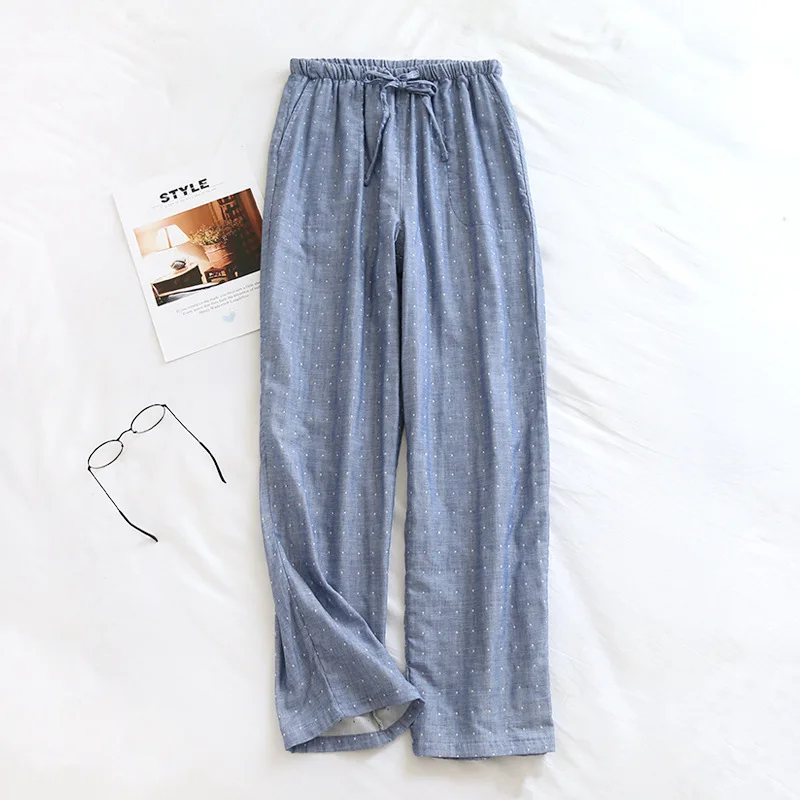 Yarn-dyed Double Gauze Couple Sleepwear Pants Women's Pajamas Cotton 100% Trousers Four Seasons Thin Side Pockets Men Home Pants