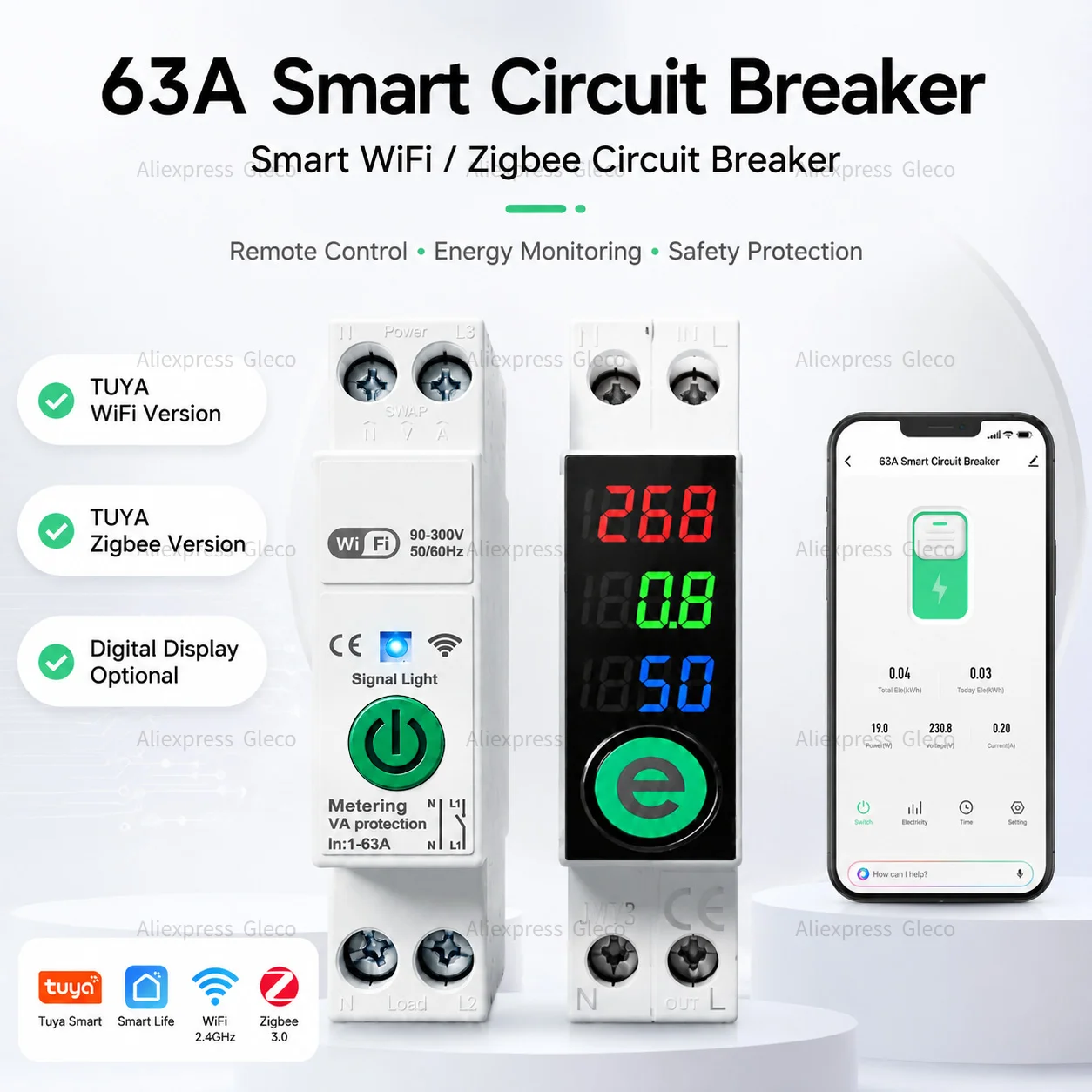 Tuya WiFi Smart Circuit Breaker Zigbee 63A Relais-Schalter MCB 1P+N kWh Timer Spannungs- und Stromschutz Leistungsmesser für Alexa Google