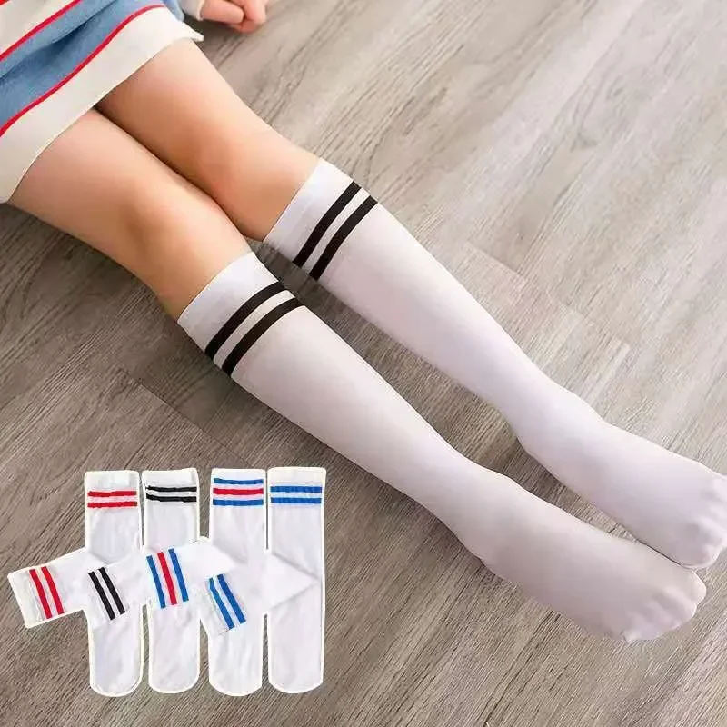 Kids Knee High Long Soft Cotton Socks Baby Girls Stripe Solid White Sports Fashion School Stockings for 1-8Y Children Boy