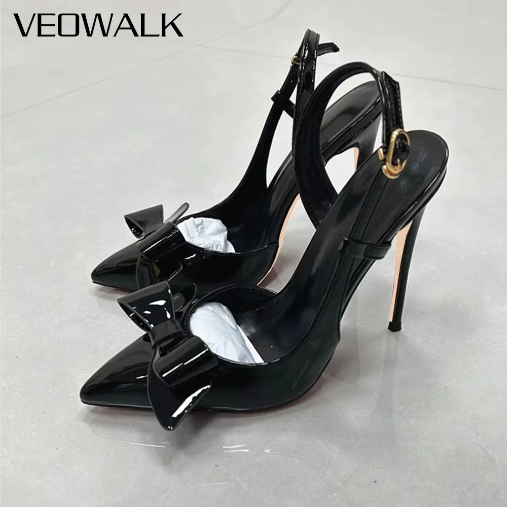

Элегантные черные лакированные женские туфли на высоком каблуке с открытой пяткой, острый носок с большим бантом, модельные туфли-лодочки на шпильке, вечерние туфли для вечеринок