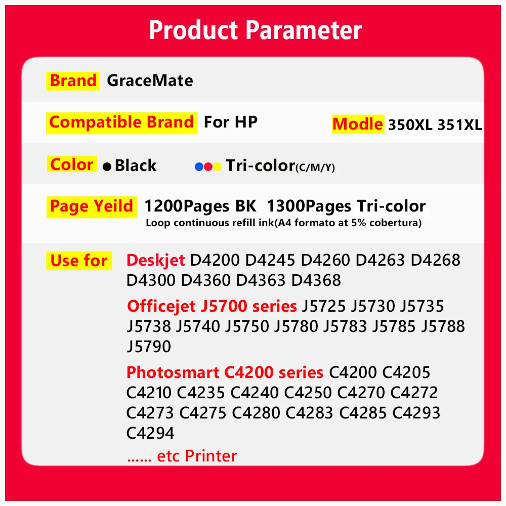 350xl 351xl Compatible hp 350 351 hp350 Ink Cartridge for HP Photosmart D4200 C4480 C4580 C4380 C4400 C4580 C5280 C5200 C5240