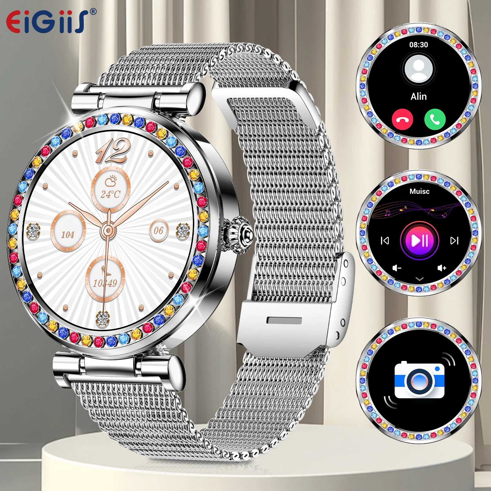 

EIGIIS Smart Watches for Women with 1.27" HD Touch Screen, Diamonds, Activity Tracker with Heart Rate Sleep Monitor 100+ Sports