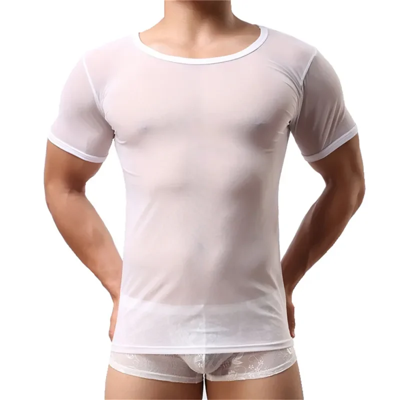 Sexy Men Undershirts Transparent Sheer Short Sleeve T Shirt Sports Fitness Casual Underwear Breathable See Through Tops Tees New