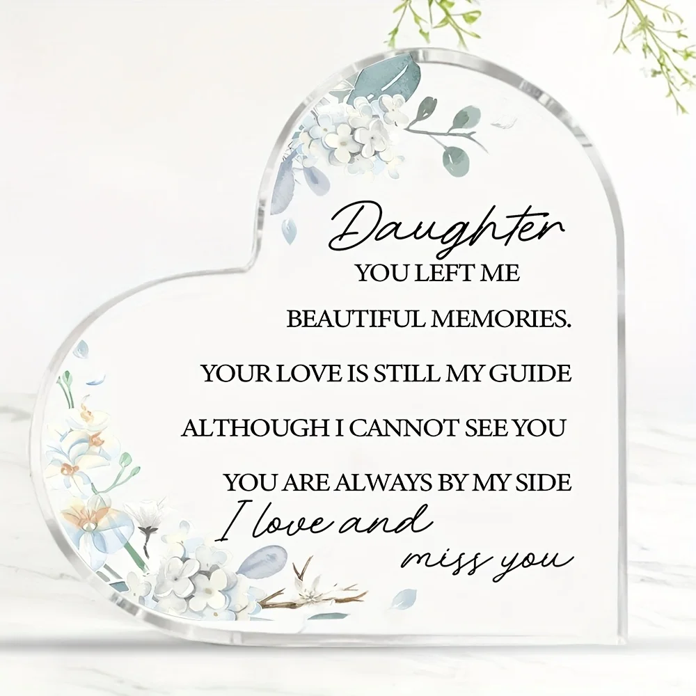 2D Flat Collectible Figurines Heart-Shaped Acrylic Daughter Memorial Plaque, 