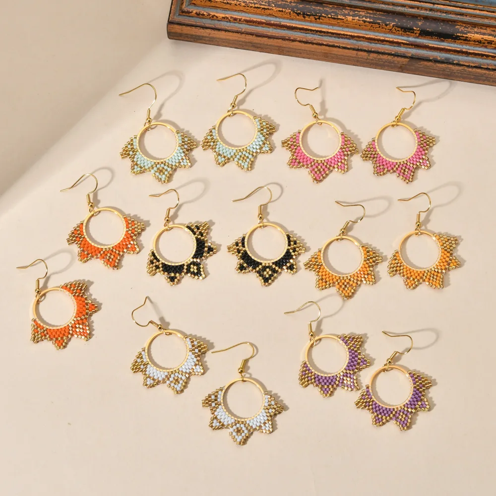 ZGMXR  Rice bead earrings   Hand weaving  Bohemia Maple leaves Circle Fashion Simple Geometry  Alloy  Woman  Beaded earrings