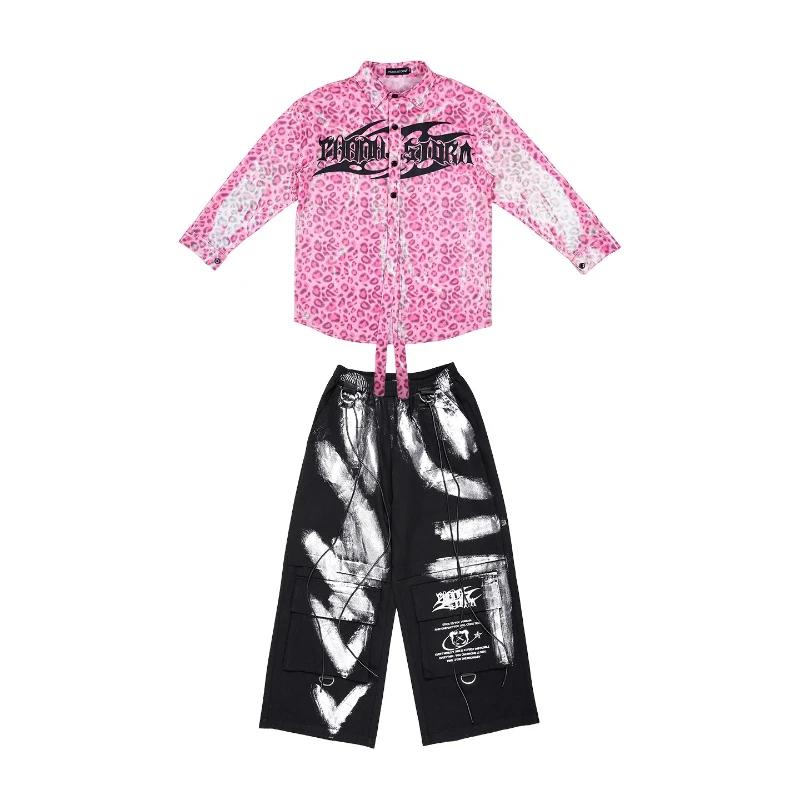 ملابس الهيب هوب للأولاد للرقص في الشوارع وردي بأكمام طويلة وسراويل سوداء للفتيات أزياء أداء الجاز مجموعة أزياء ملابس المسرح