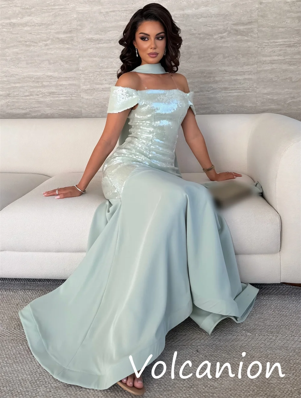 Customized Classic Exquisite Jersey Sequined Pleat Trumpet Off-the-shoulder Long Dresses Bespoke Occasion Retro