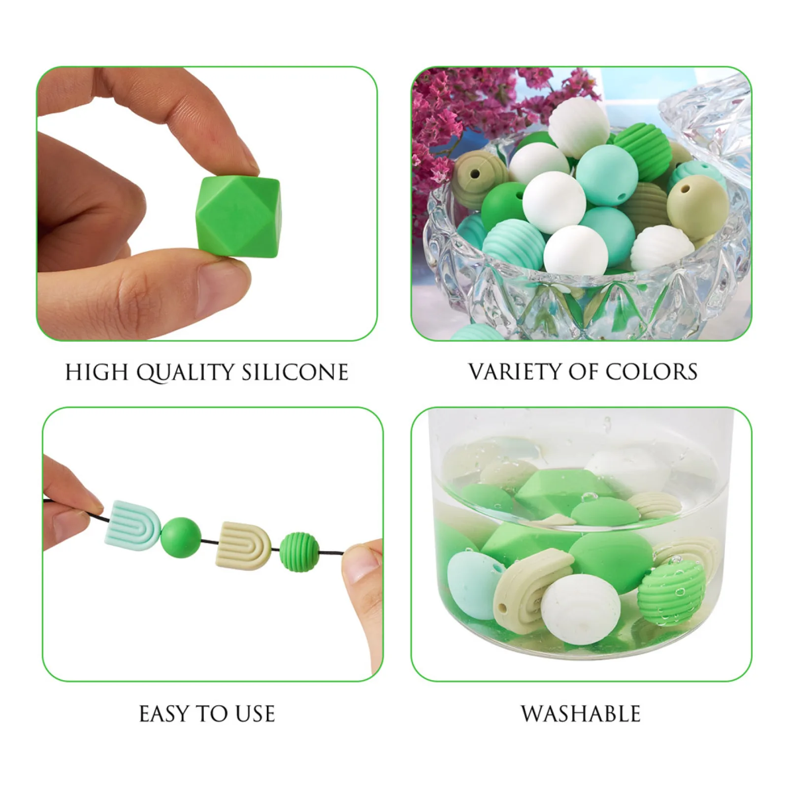 88Pcs Green Mix Spiral Round Hexagon Rainbow Shape Silicone Loose Beads for DIY Nursing Necklaces Bracelets Keychain Making Gift