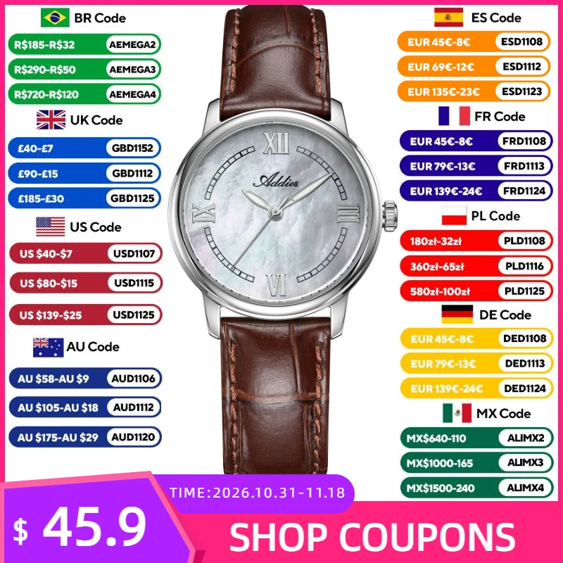 ADDIES 31mm Watch for Woman Japan Quartz Movement Sapphire Crystal Leather Wristwatch 50m Waterproof Sport Casual Woman Watches