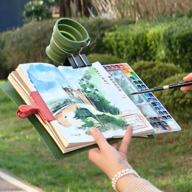 Green Travel Hand Account Book Watercolor Painting Set Portable Artists Outdoor Sketch Painting Watercolor Palette Art Supplies