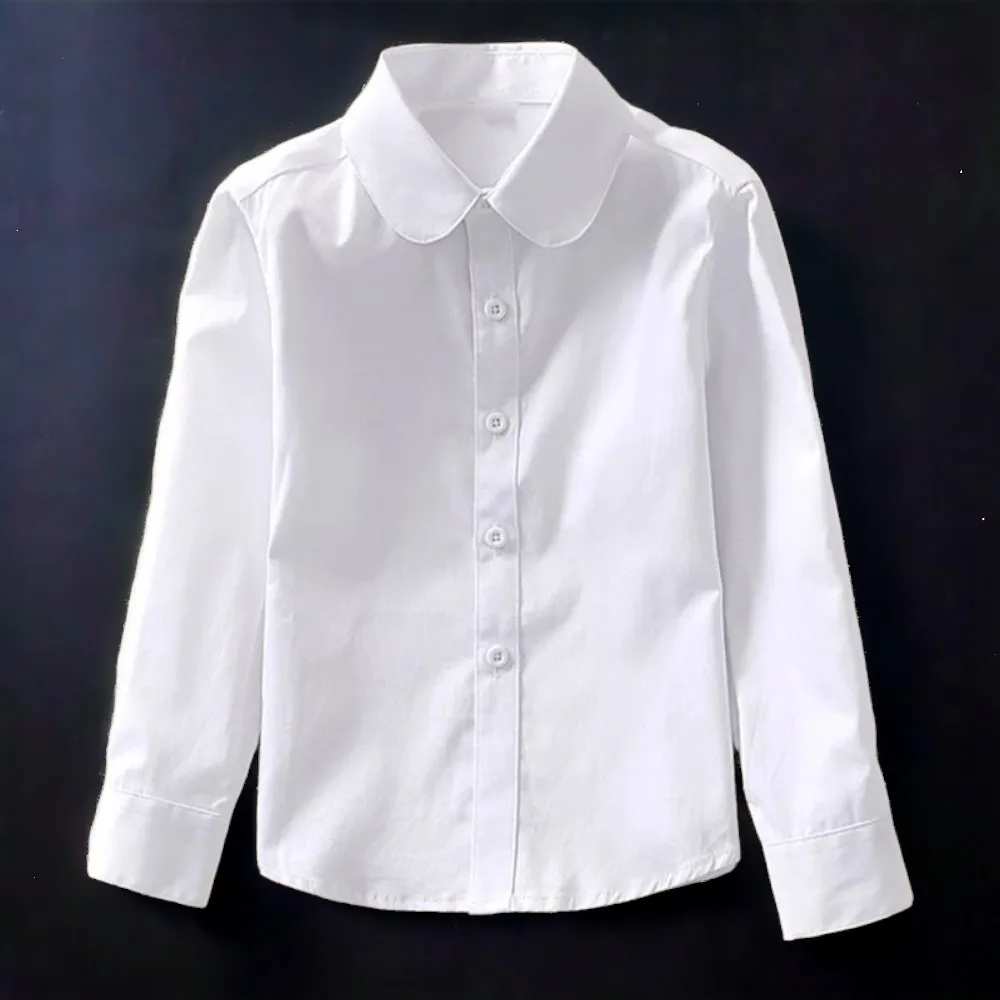 Kids Girls White Shirts for Students Uniform Long Sleeve Cotton Blouse Teenagers School Child Clothes 8 10 12 14 Years Vestidos