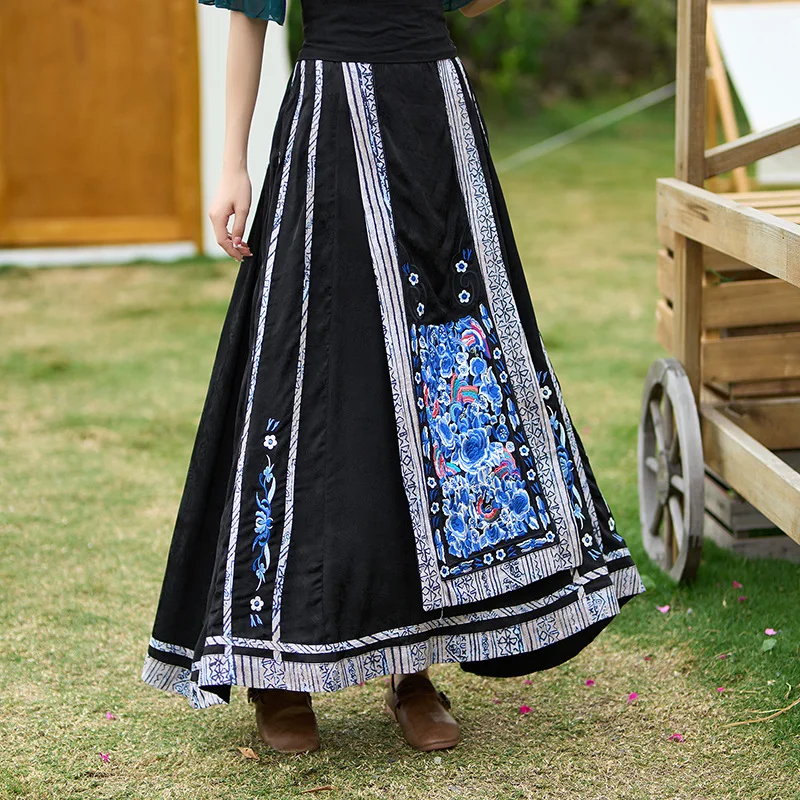 

TIYIHAILEY Long Maxi Women Embroidery Skirts A-line Elastic High Waist 2026 New Ladies New Spring Autumn Chinese Style Satin