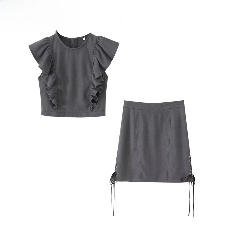 

ZBZR Весенний новый женский модный однотонный топ с высокой талией, комплект с юбкой, универсальный комплект с высокой талией, ор Све круглой Ne