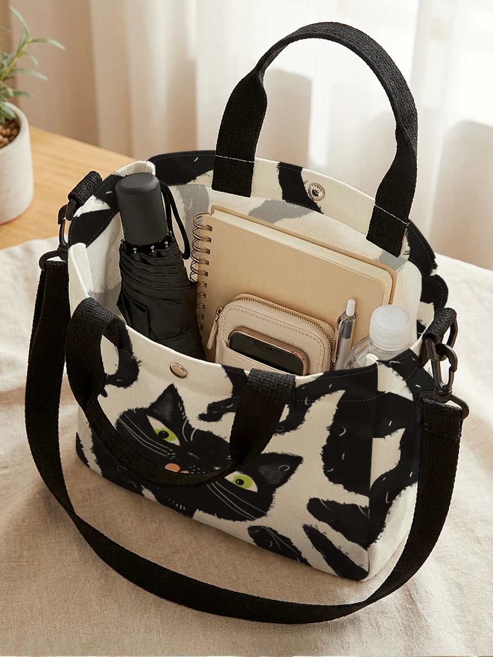 Cute Cartoon Black Cat Green Eyes Canvas Tote Bag Detachable Strap Crossbody Handbag For Women Daily Shopping