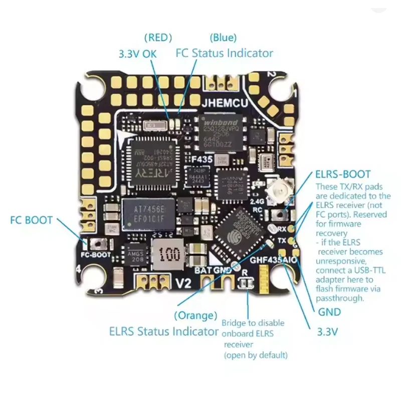Nuovo JHEMCU GHF435AIO V2 20A Controllore di volo 2-4S con OSD Baro Blackbox Ricevitore ELRS 2.4G integrato per RC FPV Freestyle Drone