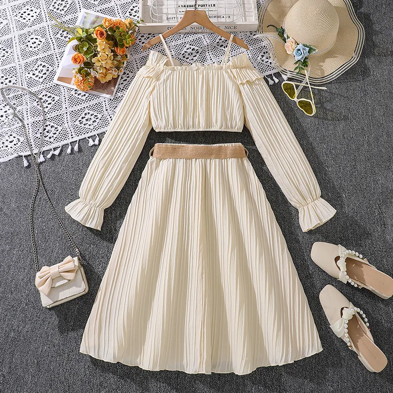 2024 New Clothing Set Girl Long Sleeve Slash Neck Ruffles T-shirt Blet Beige Skirts 2 Pcs Sets Casual Girls Clothes Sets 8-12T