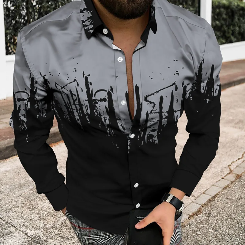 Camisa de peito único masculina, manga comprida, preta e branca, lapela, casual, versátil, moda de rua, outono