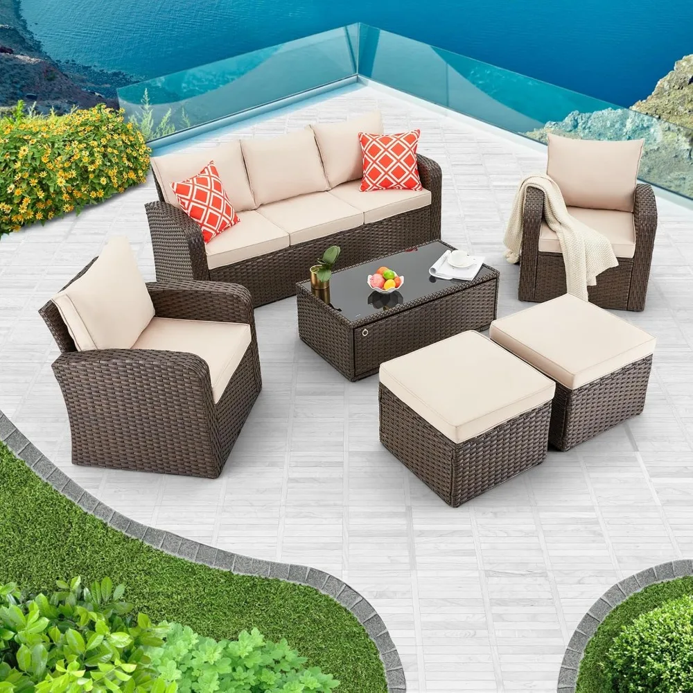 

6 Pieces Patio Furniture Sets, All Weather Wicker Patio Conversation Sets with Storage Glass Coffee Table, Outdoor Sectional So