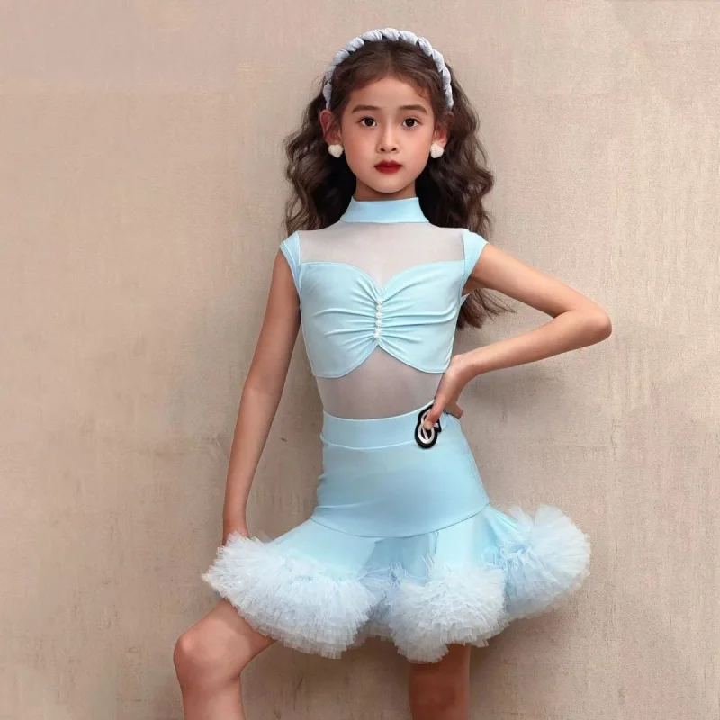 

Платье для латиноамериканских танцев женское, розовое, синее, элитное, для выступлений, для линейных танцев, юбка-костюм для девочек