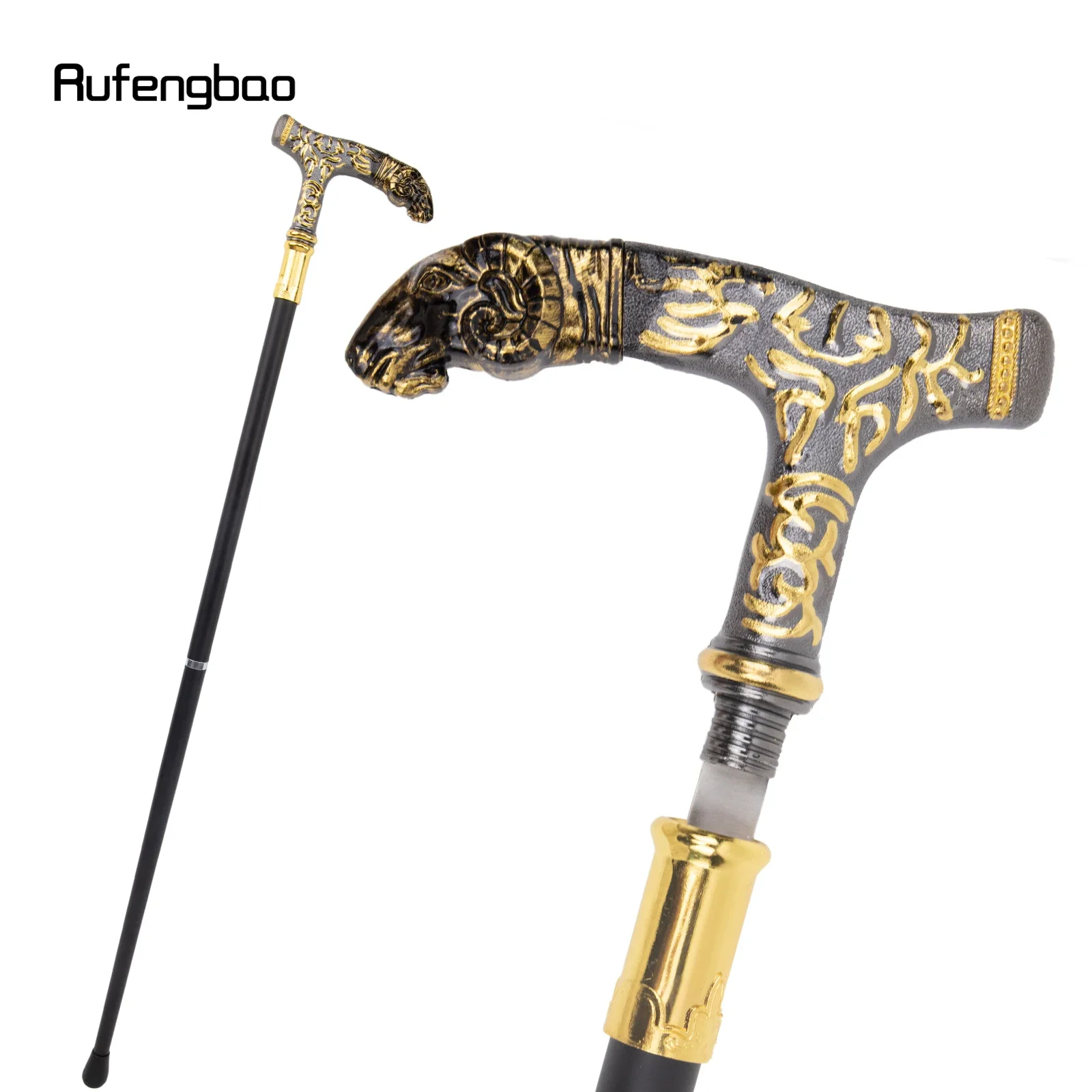 Golden Black Goat Handle Luxury Walking Stick with Hidden Plate Self Defense Fashion Cane Plate Cosplay Crosier Stick 90cm