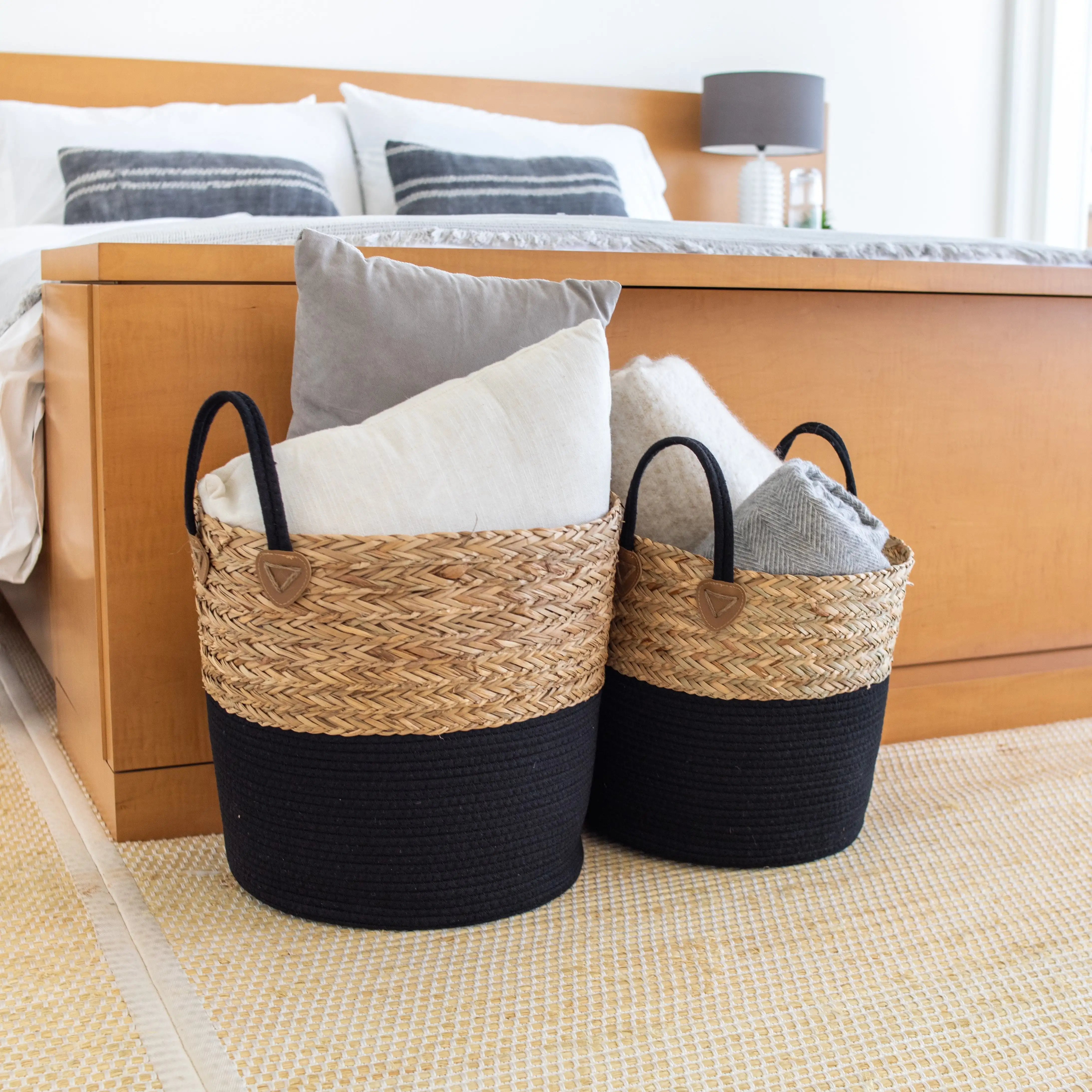 

Set of 2 Round Storage Basket, Braided Seagrass & Cotton Rope (XL+LG), Natural & Black