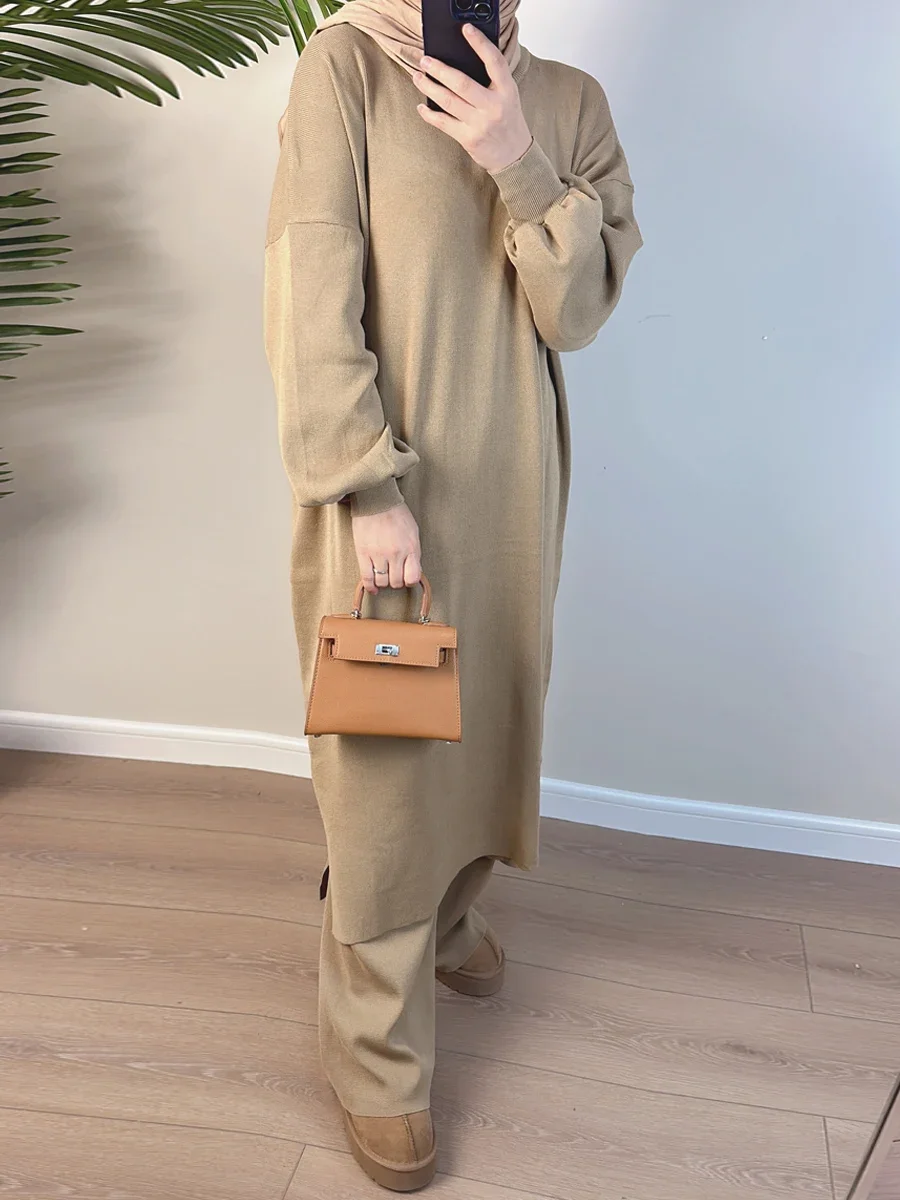 Winter 2 Piece Sets Muslim Women Outfit Thick Knitted Sweater Long Pullover Top and Pants Abaya Dress Set African Islam Clothes