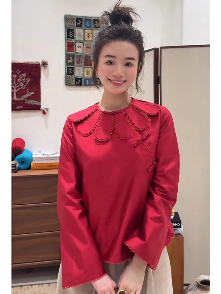 

Ele Pure Color Casual Long Sve irt with Button Embelliment And Lace Detail Trendy Top for Autumn 2025