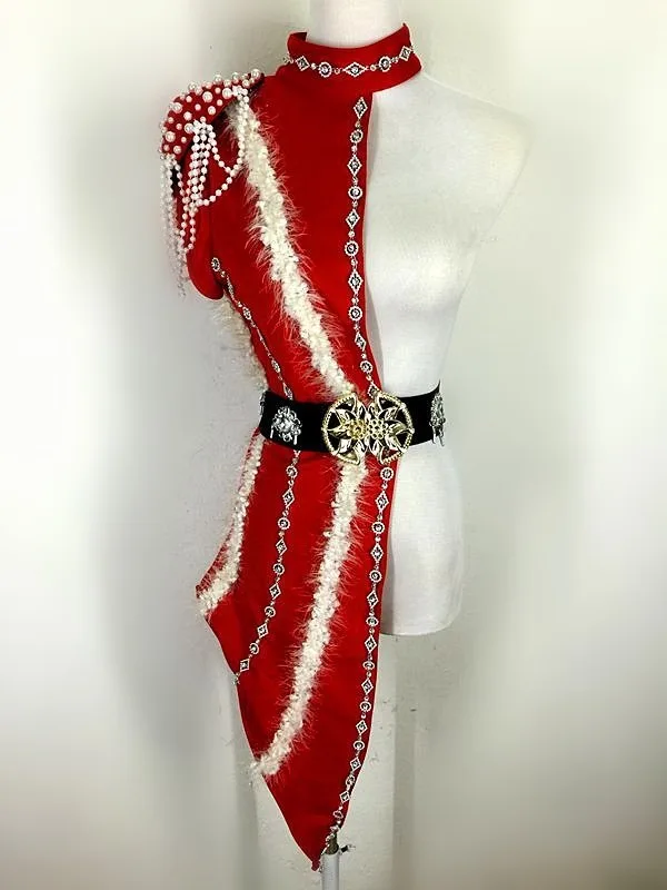 Novedad, traje de escenario de Jazz para mujer, vestido individual con cuentas negras y rojas, traje de actuación para equipos de baile, club nocturno, Bar, DJ, ropa de cantante
