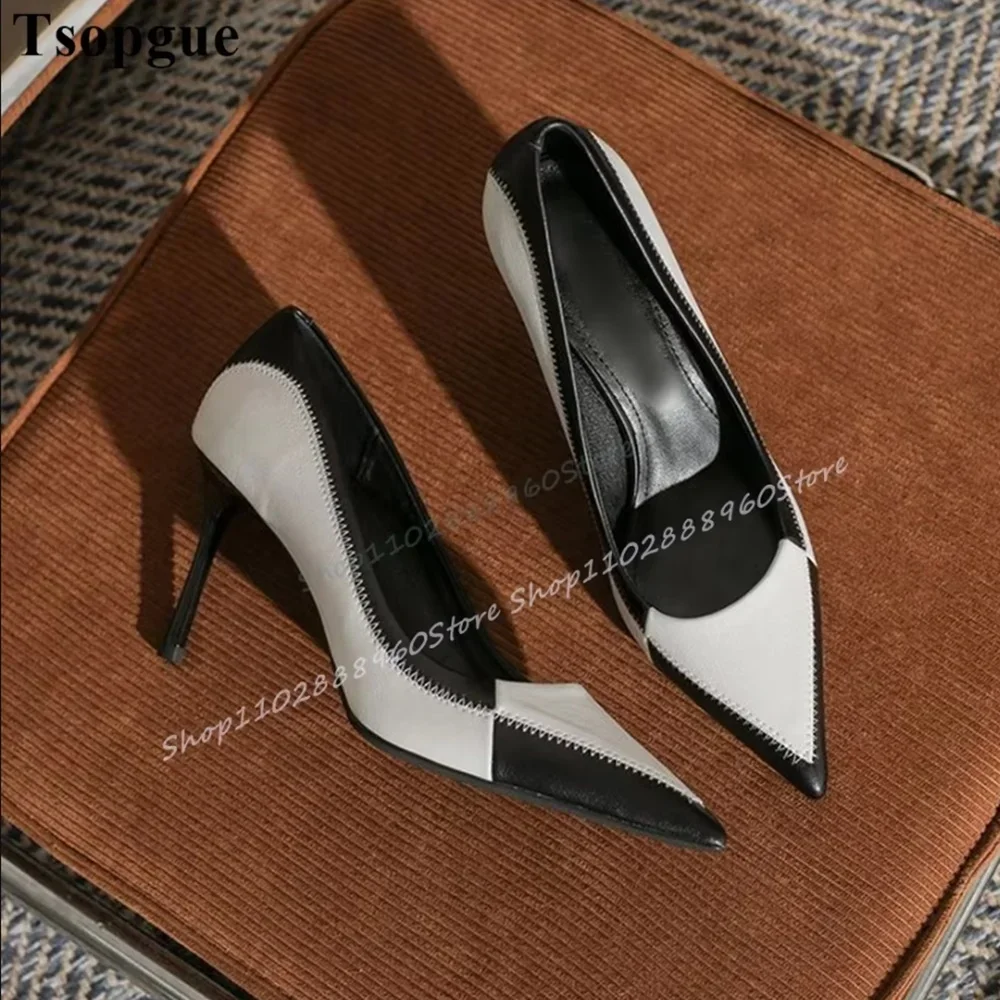 

Mixed Color Splicing Matte Leather Pointy Pumps Thin High Heel Shoes For Women Slip On Pointed Toe Casual Stylish Women Pumps