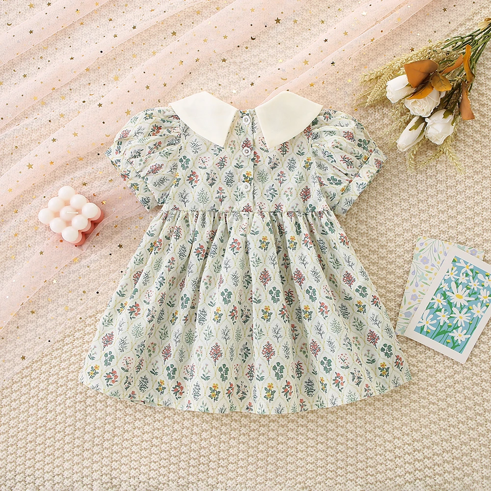 Summer New Girl Baby Dress Flower A-line Neck Bubble Sleeves Sweet Princess Dress Casual Ladies Style