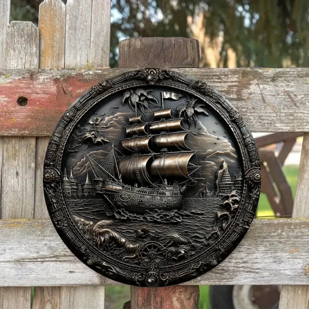 3D-Piratenschiff-Wandkunst aus Metall, runde Reliefskulptur aus Aluminium, nautische Themendekoration für Zuhause, Büro und Café