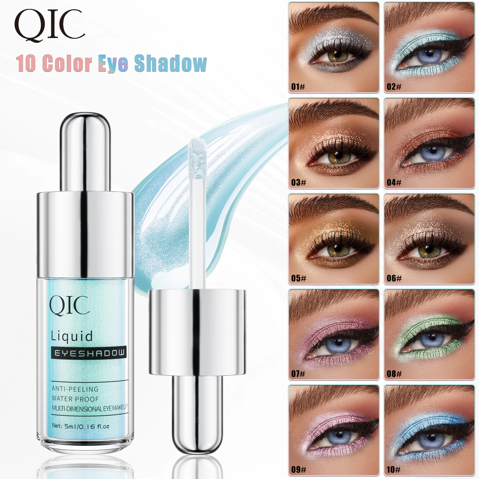 Sombra de ojos líquida QIC de 10 colores – Brillo y destellos, acabado camaleón iridiscente, destellos finos y perla, botella con gotero fácil de usar