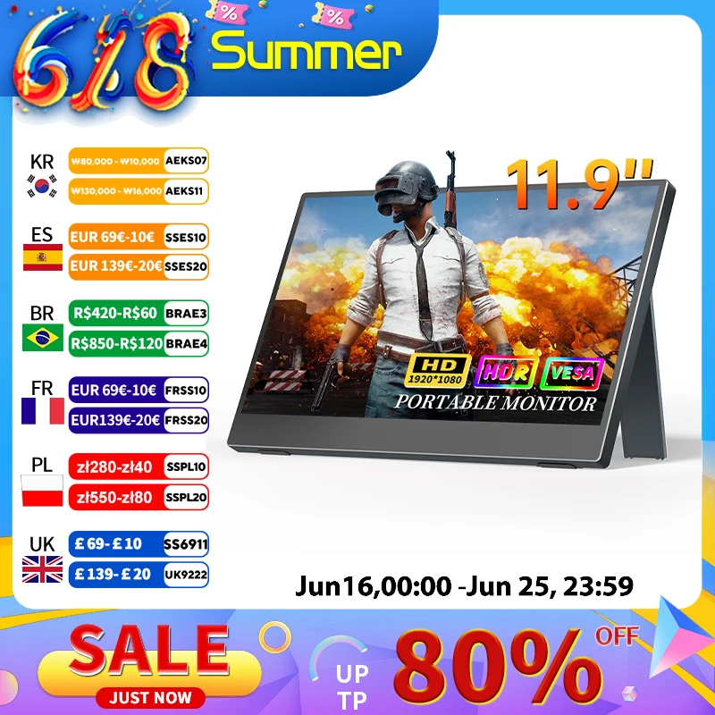 

Портативный монитор 11,9 дюймов 1080P 250 кд/м2 Маленький HDMI-монитор с двойным внешним дисплеем USB C HDMI для портативных ПК PS4 5 Xbox