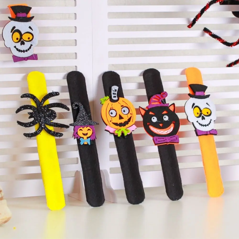 Funny Pumpkin Halloween Slap Bracelets Ghost Witch Hat Pop Circle Wristband Spider Felt Wool Hands Clap Circle Party Decoration