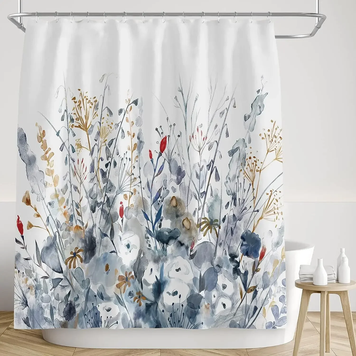 Colorful Flower Dhower Curtain, Watercolor Floral Romantic Wildflower Plants Nature Scenery Girl Pink Flower Bathroom Decoration