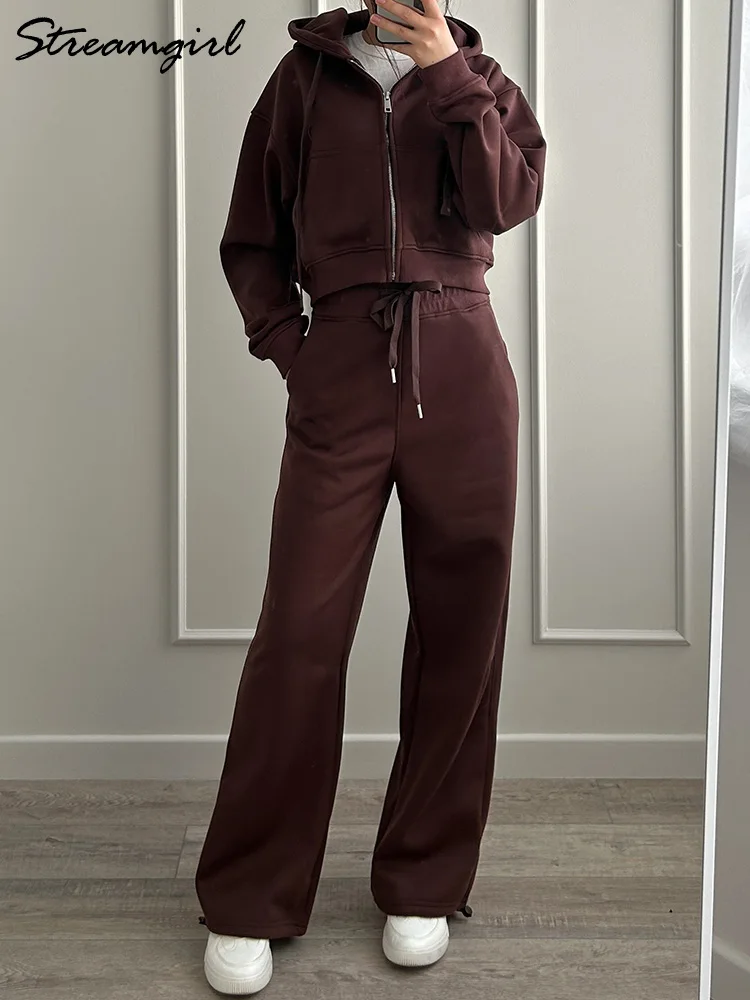 النساء رياضية الشتاء الصوف Sweatsuit البني الدافئة المحاصيل سستة هوديس و Sweatpants مجموعة للنساء 2 قطعة المخملية السراويل مجموعات