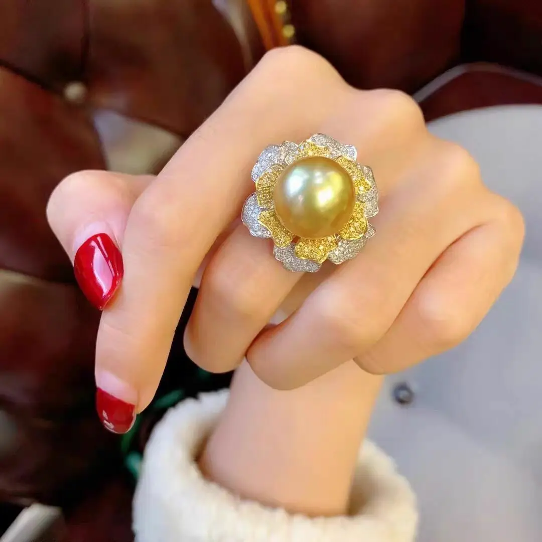 Huge 12-13mm South Sea Round Gold Pearl Ring 925s